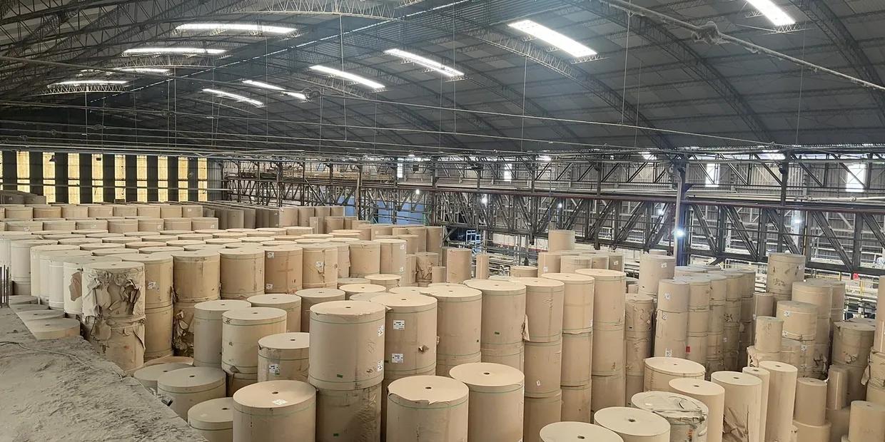 Bobinas de papel kraft acopiadas en el depósito de materia prima