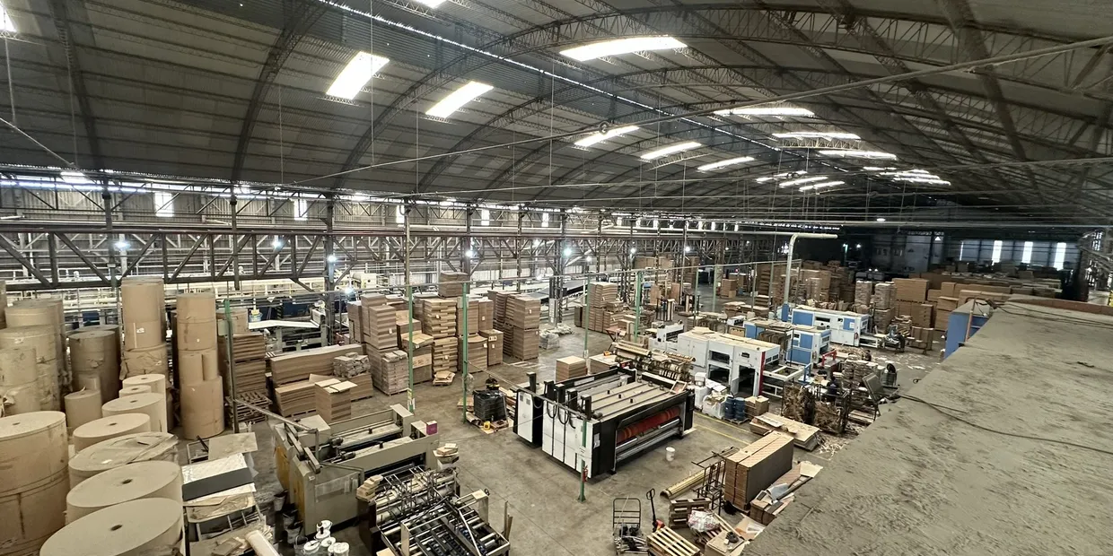 Vista de la nave de producción con las bobinas de papel y las líneas de máquinas